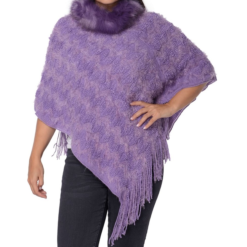 Winter Purple Pattern Poncho Faux Fur Collar  szOS